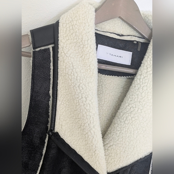 T Tahari Bias Zip Winter Vest Fur Faux Suede Winter Warm Sherpa Size XS Black - Picture 6 of 16